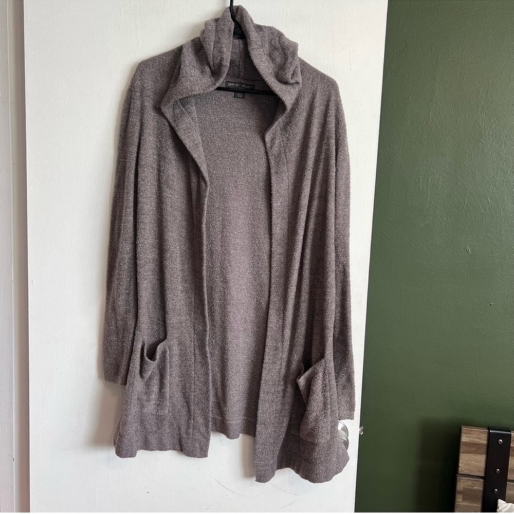 Barefoot Dreams taupe (gray tan) hooded open front cardigan sweater 
style 905